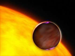 Impressie van de planeet XO-1b die langs de ster XO-1 trekt