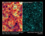 Eerste objecten in het heelal links zoals waargenomen door Spitzer