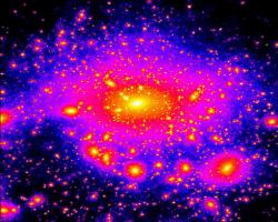 Simulatie van een sterrenstelsel omgeven door donkere dwergstelsels