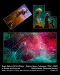De adelaarsnevel gefotografeerd door Hubble (boven) en Spitzer (onder)
