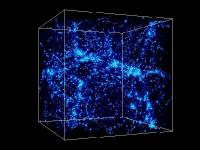 De samenklontering van sterrenstelsels (blauwe punten) wordt bemoeilijkt door donkere energie