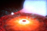 Voorstelling van het dubbelstersysteem XTE J1650-500 met het lichtste zwart gat in het heelal