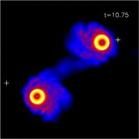 Voorbeeld van twee accretieschijven rondom botsende zwarte gaten