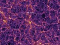 Simulatie van het kosmisch web. Clusters van melkwegstelsels ontwikkelen zich op de knooppunten van het web, daar waar de dichtheid te hoogst is. (beeld: Springel et al., Virgo Consortium)