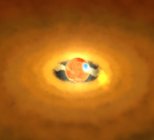 Schets van de protoster V1647 Orionis en z'n omringende accretieschijf