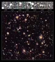 De Hubble Ultra Deep Field met de zeven gevonden sterrenstelsels