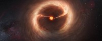 Deze artist's impression toont de schijf van gas en stof rond de jonge ster HD 142527.