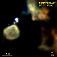 Door SOFIA waargenomen Quintuple Cluster (QC) nabij de kern van de Melkweg.