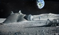 Concept van een met een 3D-printer gebouwde maanbasis