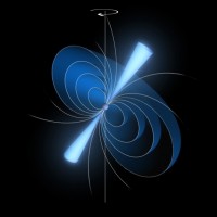 Op deze illustratie is een pulsar te zien met heldere bundels radiostraling vanaf de magnetische polen.
