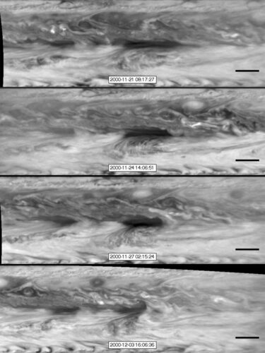 Foto's van een hot spot, gemaakt door Cassini in 2001