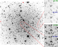 Sterren in de kern van NGC 6496, waargenomen met en zonder adaptieve optiek.
