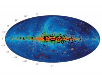 In rood de locatie aan de hemel van vier radioflitsen, mogelijk van blitzars (credit: Max Planck)