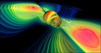 Voorstelling van twee samensmeltende zwarte gaten, die zwaartekrachtsgolven produceren