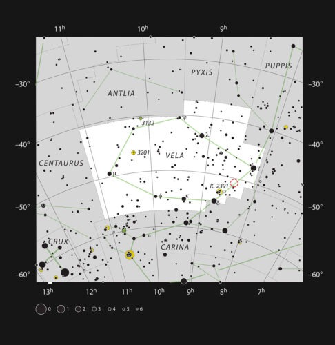 Deze kaart toont het zuidelijke sterrenbeeld Zeilen (Vela). Op de kaart staan bijna alle sterren die bij donkere hemel te zien zijn met het blote oog. De positie van het stervormingsgebied waar het Herbig-Haro-object HH46/47 deel van uitmaakt is rood omcirkeld. Dit is niet waarneembaar met een kleine telescoop.