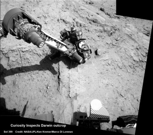 Curiosity inspects Darwin outcrop
