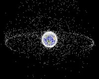 Illustratie van de geweldige hoeveelheid ruimteafval rondom de aarde