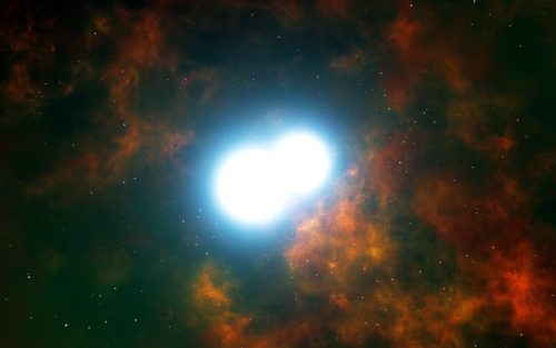 Artist's impression van twee witte dwergsterren die gedoemd zijn om samen te smelten en een supernova van type Ia te veroorzaken (Credit: ESO/L. Calá§ada)