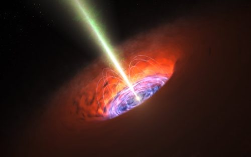 Artist's impression van een superzwaar zwart gat in het centrum van een sterrenstelsel.
