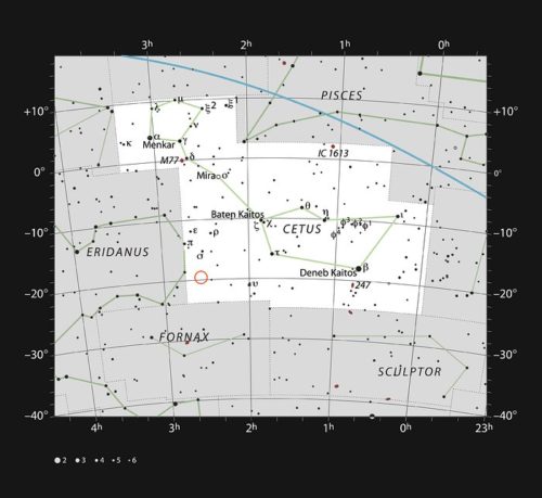 This chart shows most of the naked eye stars visible in the large but faint constellation of Cetus (The Whale). The location of the star HIP 11915 is marked with a red circle. It is too faint to be seen without optical aid, but can be picked up with binoculars. A Brazilian-led team has found that this solar twin star is orbited by a planet similar in mass and orbit to Jupiter in our own Solar System.