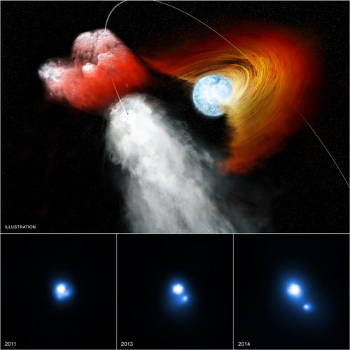 Impressie van de dubbelster B1259, waar een pulsar zich een weg baant door een platte schijf.