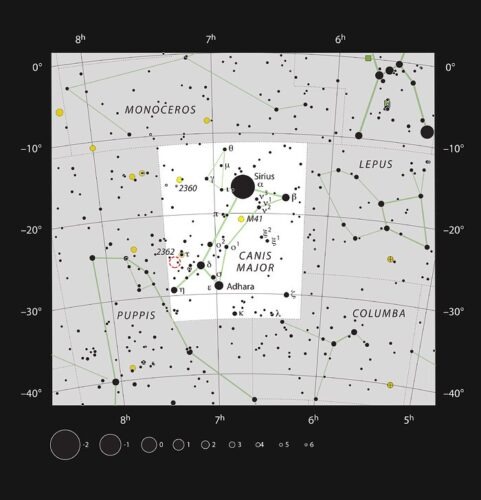 Deze kaart toont de positie van de zeer heldere rode hyperreuzenster VY Canis Majoris, een van de grootste sterren van de Melkweg die we kennen.