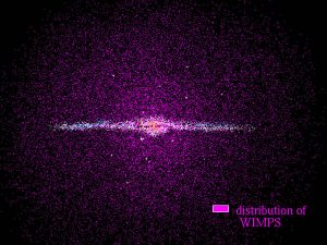 WIMP's zouden in een grote halo rondom het Melkwegstelsel zitten. Ze zijn nog niet gedetecteerd.