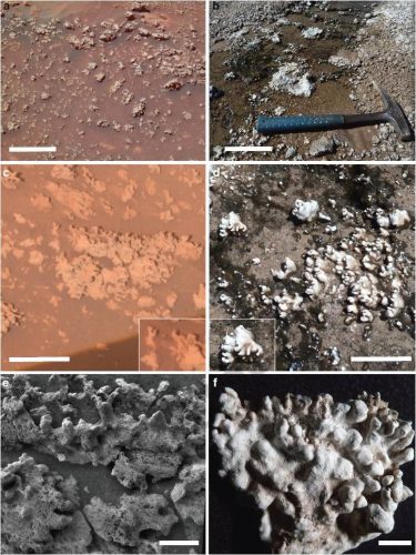 Een vergelijking van de silica afzettingen op Mars (links) en in Chili (rechts).