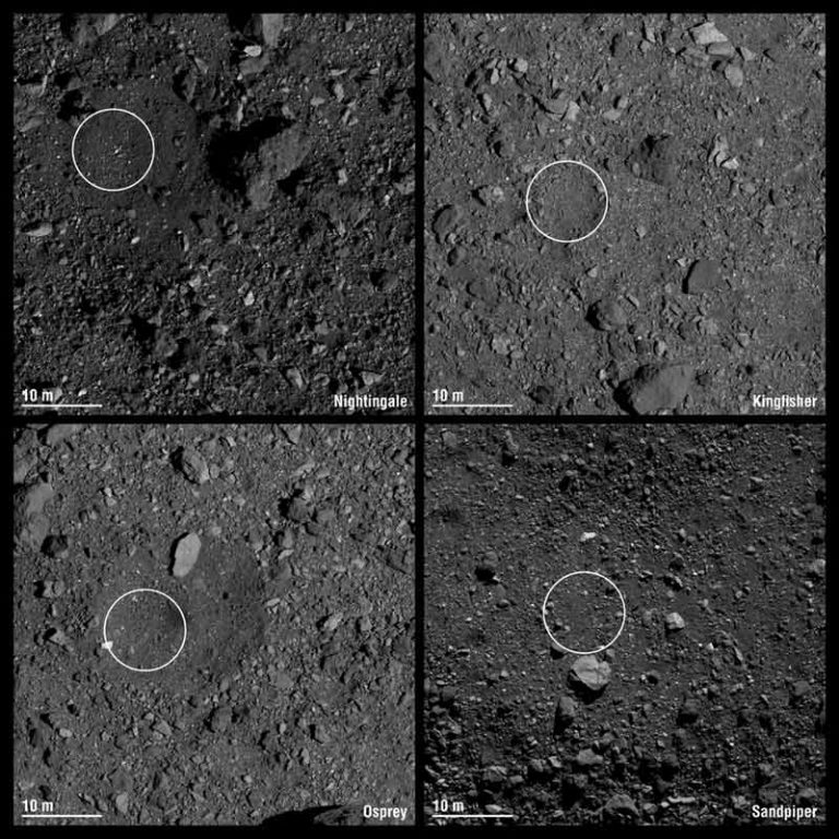 Op één van deze vier plekken op planetoïde Bennu gaat OSIRIS-REx monsters verzamelen