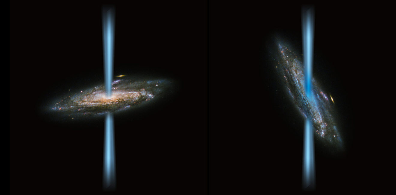 Geïoniseerd koolstofgas in sterrenstelsel blijkt van schuine jet zwart gat te komen