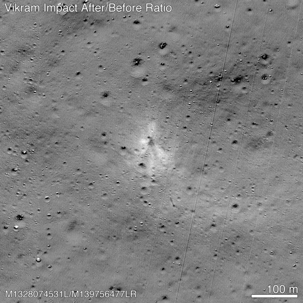 Plek waar de Vikramlander op de maan crashte gevonden door de Lunar Reconnaissance Orbiter