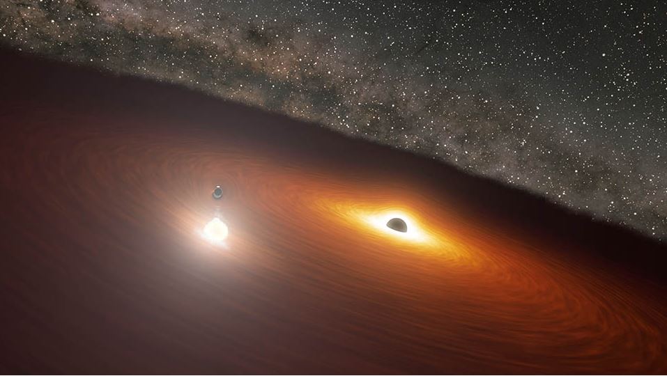 Uitbarsting door Spitzer waargenomen als een superzwaar zwart gat door de accretieschijf van een ander superzwaar zwart gat schiet
