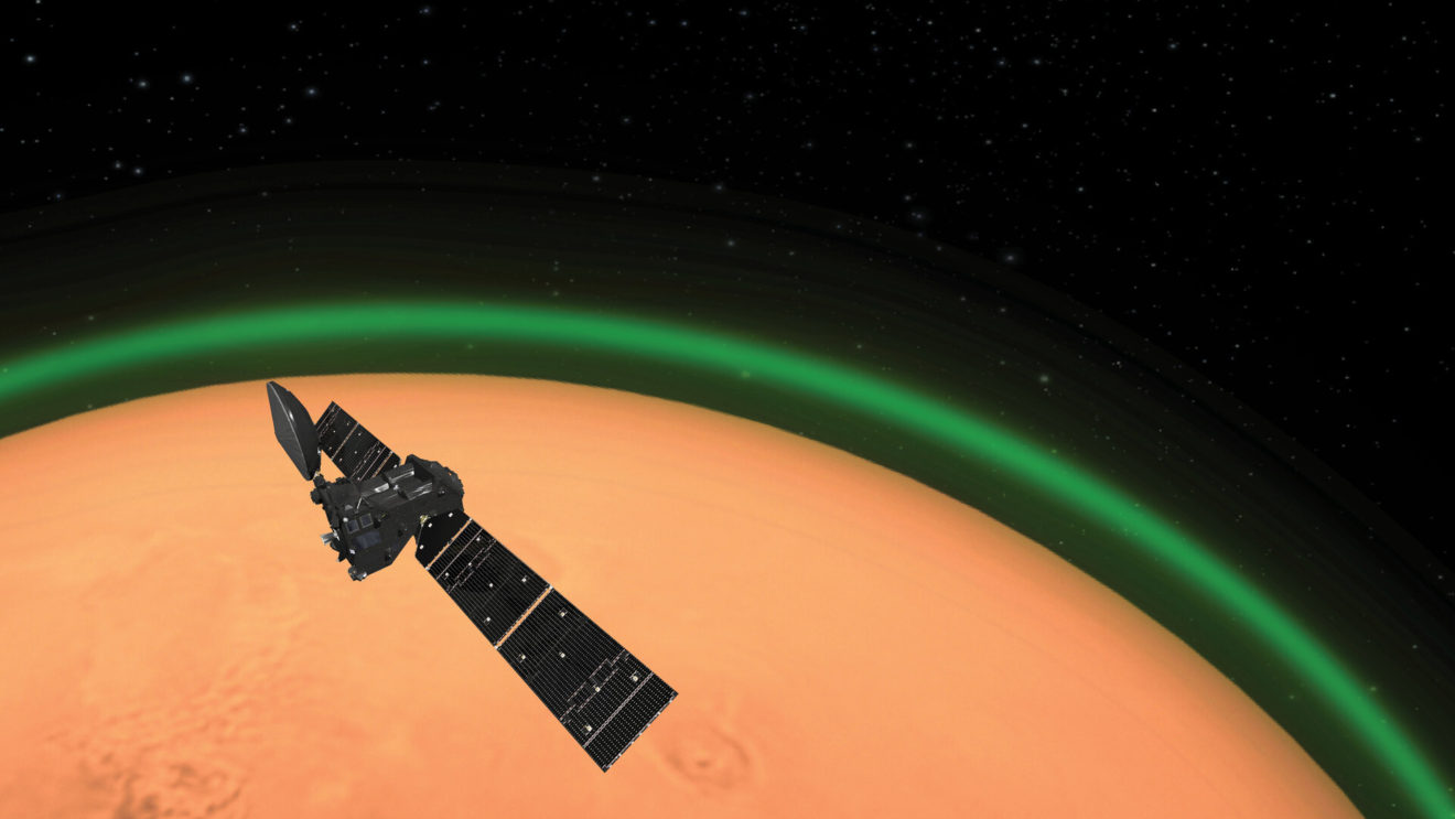 Europese ExoMars Trace Gas Orbiter bespeurt een groene gloed rondom Mars