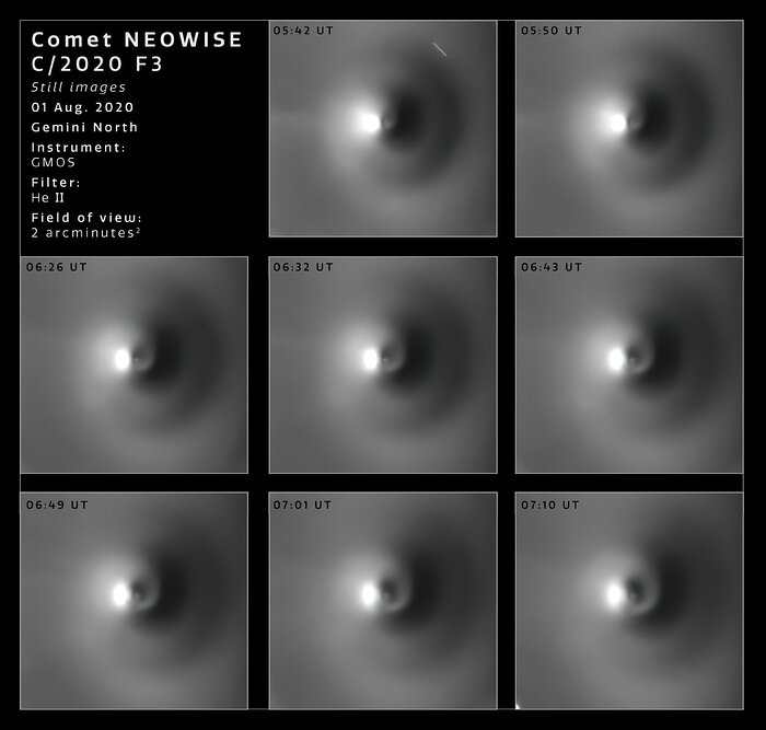 Spiraliserende gassen laten zien dat komeet NEOWISE eens per 7,5 uur roteert