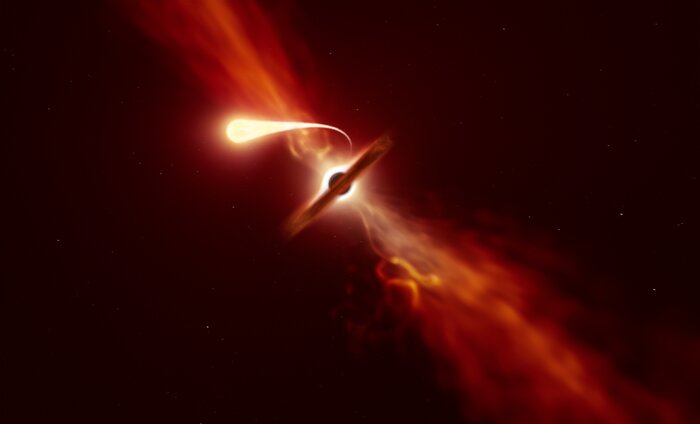 Dood door ‘spaghettificatie’: ESO-telescopen leggen laatste ogenblikken vast van ster die door een zwart gat wordt verzwolgen