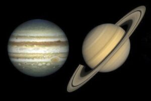 De grote conjunctie van Jupiter en Saturnus 2020;  hun dichtste nadering sinds 800 jaar