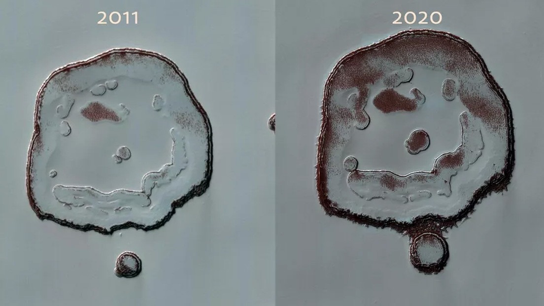 Happy Face op Mars in negen jaar tijd gegroeid