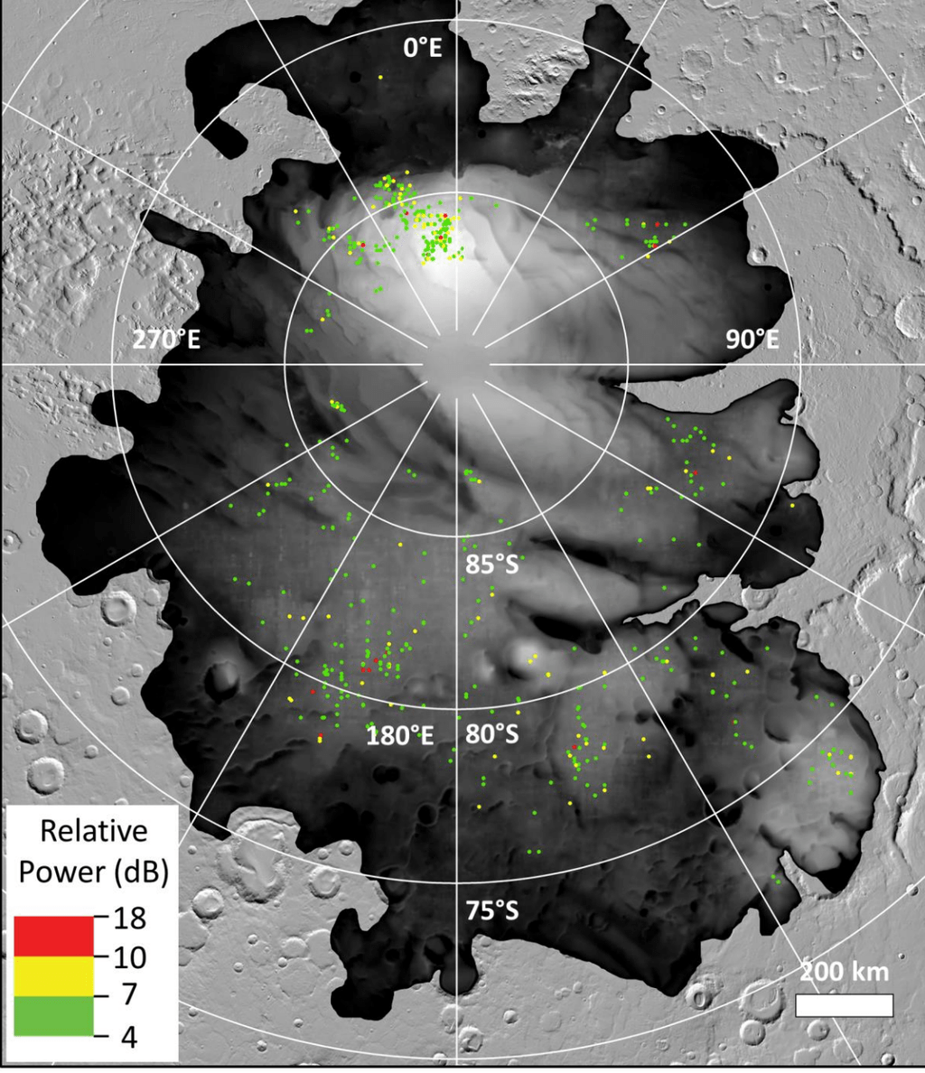 Die radarreflecties bij de zuidpool van Mars zijn vermoedelijk van klei en niet van water