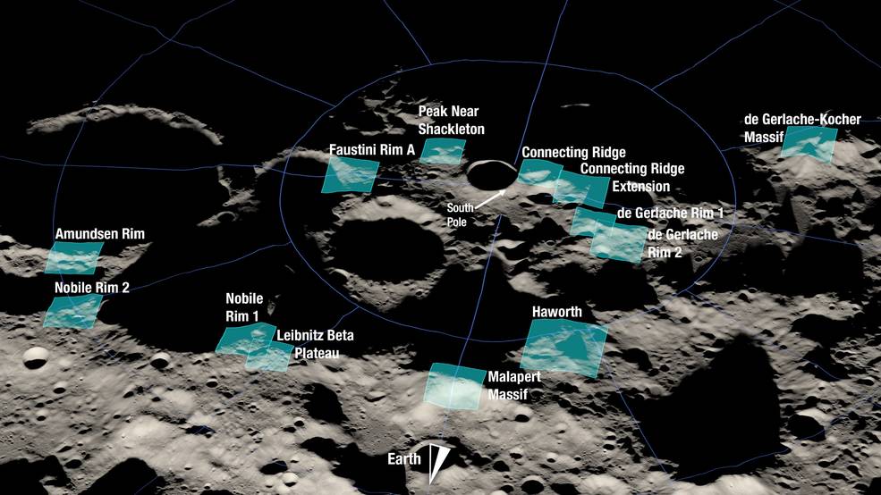 NASA wijst 13 gebieden bij de Zuidpool van de maan aan voor de bemande maanlanding van Artemis III