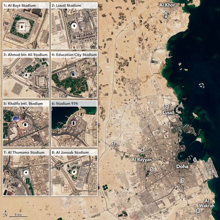 De WK-stadions in Qatar gezien vanuit de ruimte