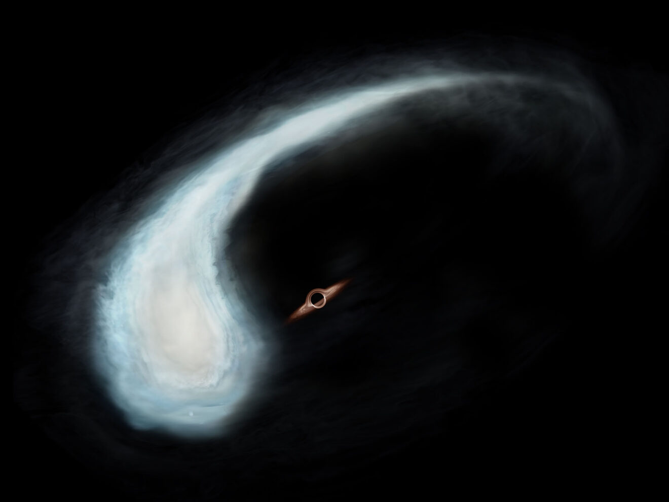 Grote moleculaire wolk 'het Kikkervisje' lijkt om een zwaar zwart gat te draaien