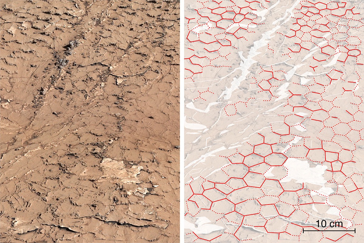Cursiosity heeft zeshoekige patronen ontdekt in opgedroogde modder op Mars