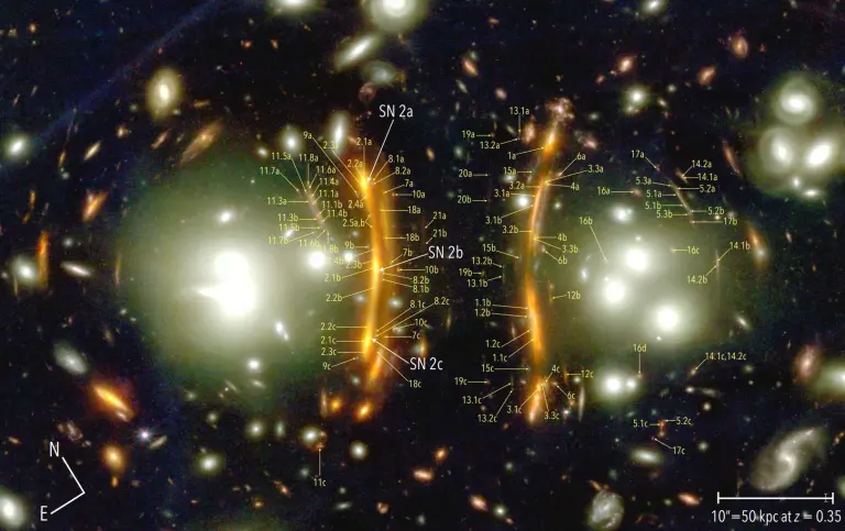 Webb ontdekt een drievoudig gelensde supernova - Supernova 'H0pe' - in de kosmische cluster G165